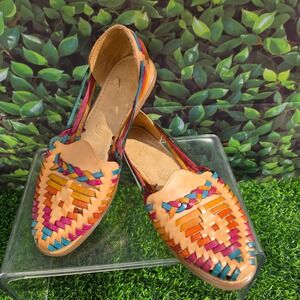 Mexican Huarache Sandals Womens 9 Multi Color Woven Leather Artisan Flats Mexico